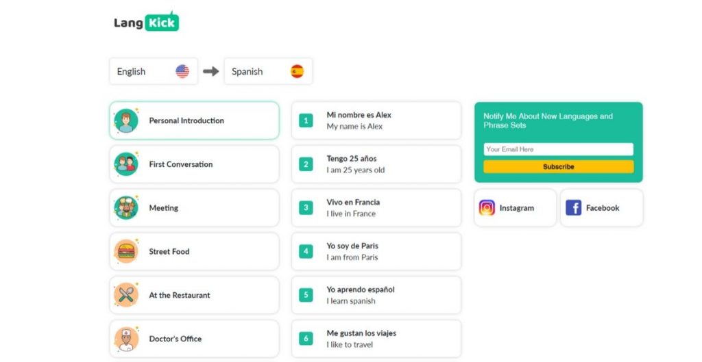 langkick site to practice first spanish conversation